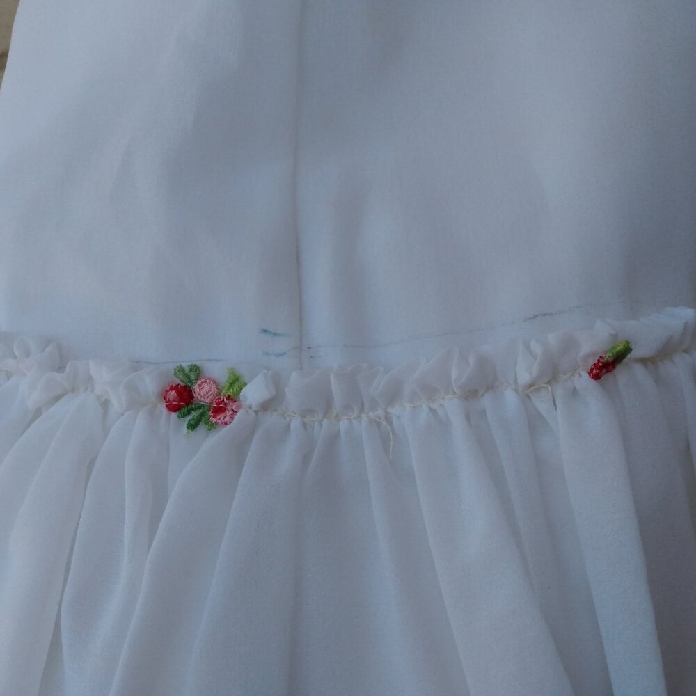 Vintage White Party Dress 29" Bust Bridal Gown Lace Flounce Sleeves Pink Flowers - Picture 9 of 15